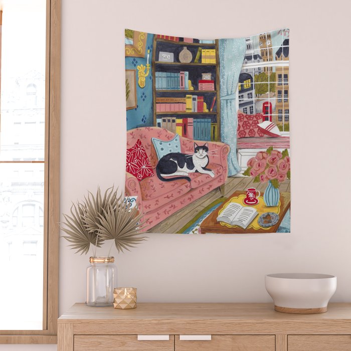 Cat on sofa in London pastel colours Wall Tapestry Gallery Image 2