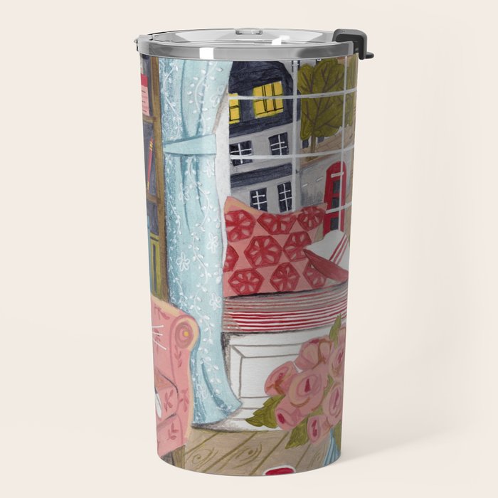 Cat on sofa in London pastel colours Travel Mug Gallery Image 2