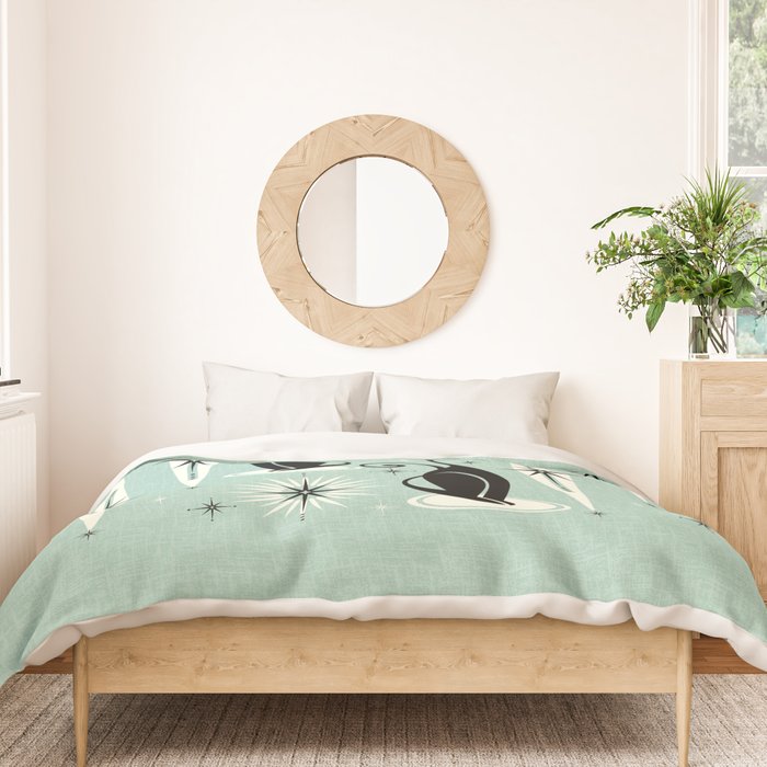 Mid Century Meow Retro Atomic Cats Mint Duvet Cover Gallery Image 3