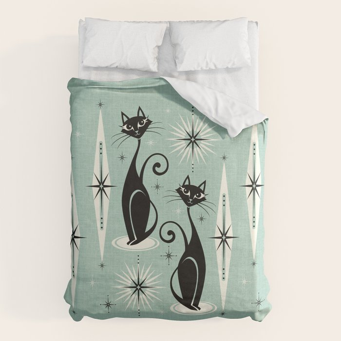 Mid Century Meow Retro Atomic Cats Mint Duvet Cover Gallery Image 6