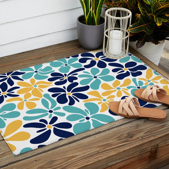 Abstract Flower, Yellow, Navy, Teal Outdoor Rug Gallery Image 2