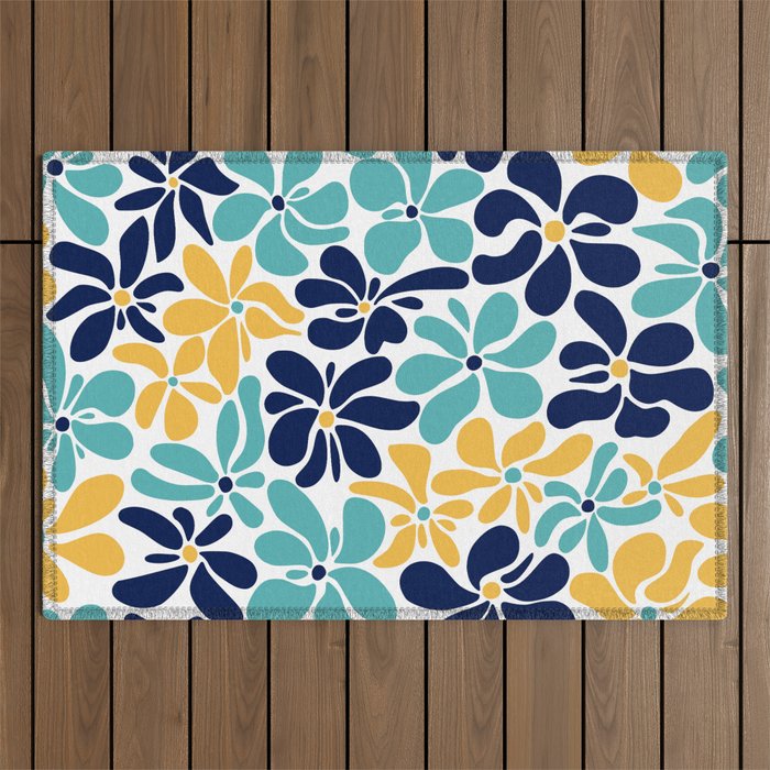 Abstract Flower, Yellow, Navy, Teal Outdoor Rug Gallery Image 1