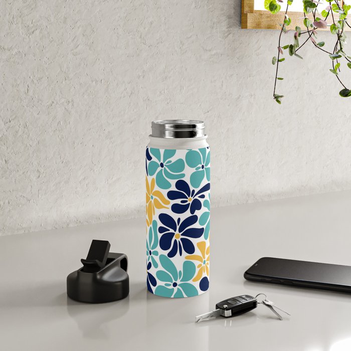 Abstract Flower, Yellow, Navy, Teal Water Bottle Gallery Image 4