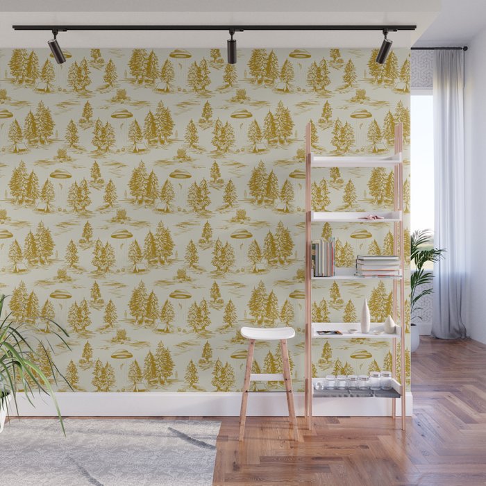 Yellow/Gold Alien Abduction Toile De Jouy Pattern Wall Mural Gallery Image 1