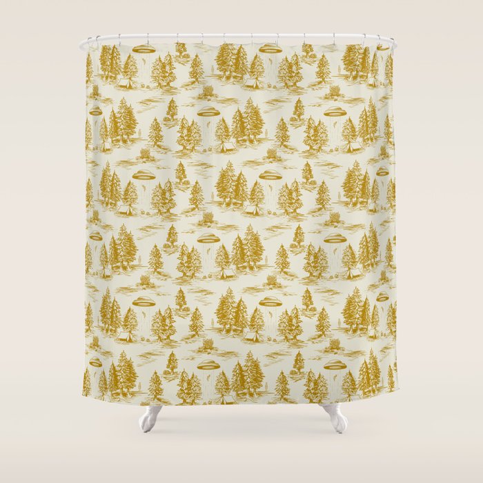 Yellow/Gold Alien Abduction Toile De Jouy Pattern Shower Curtain Gallery Image 1