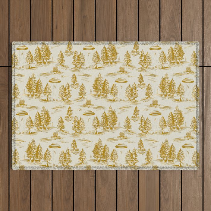 Yellow/Gold Alien Abduction Toile De Jouy Pattern Outdoor Rug Gallery Image 1