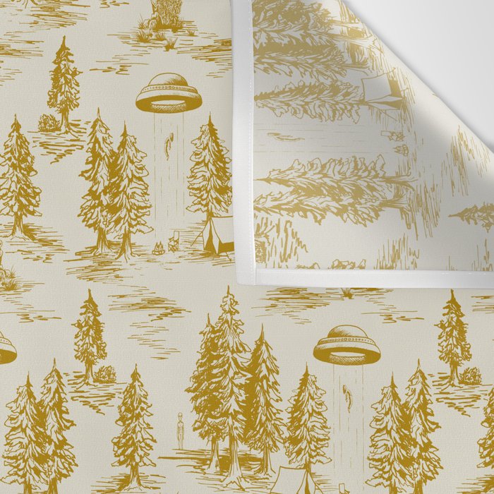 Yellow/Gold Alien Abduction Toile De Jouy Pattern Wall Tapestry Gallery Image 3
