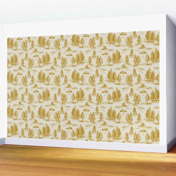 Yellow/Gold Alien Abduction Toile De Jouy Pattern Wall Mural Gallery Image 2