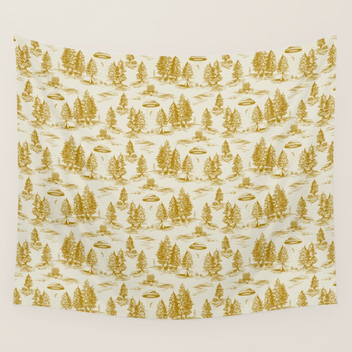 Yellow/Gold Alien Abduction Toile De Jouy Pattern Wall Tapestry Gallery Image 1