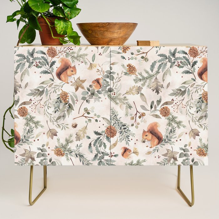 Harvest 2025 Woodland Squirrel Botanical Leaves Watercolor Ecru Credenza Gallery Image 1