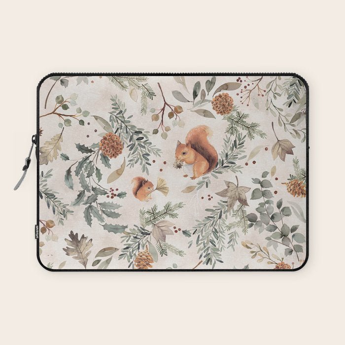 Harvest 2025 Woodland Squirrel Botanical Leaves Watercolor Ecru Laptop Sleeve Gallery Image 1