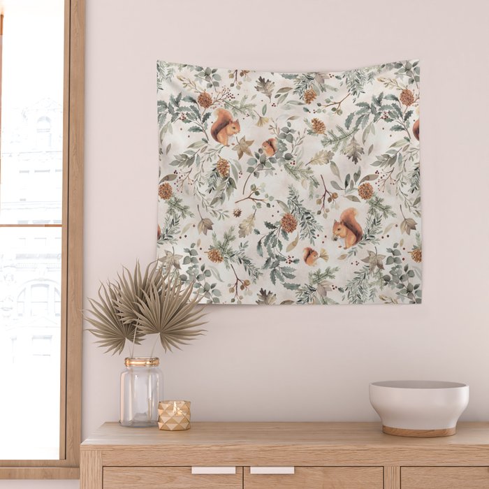 Harvest 2025 Woodland Squirrel Botanical Leaves Watercolor Ecru Wall Tapestry Gallery Image 2