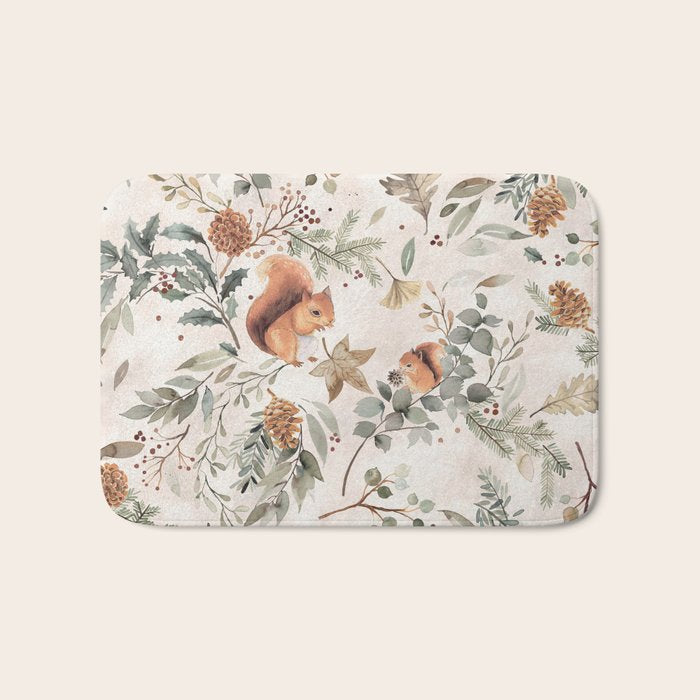 Harvest 2025 Woodland Squirrel Botanical Leaves Watercolor Ecru Bath Mat Gallery Image 1