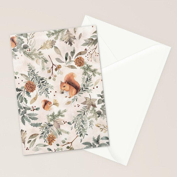 Harvest 2025 Woodland Squirrel Botanical Leaves Watercolor Ecru Stationery Card Gallery Image 2