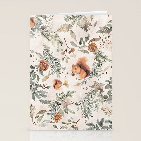 Harvest 2025 Woodland Squirrel Botanical Leaves Watercolor Ecru Stationery Card Gallery Image 1
