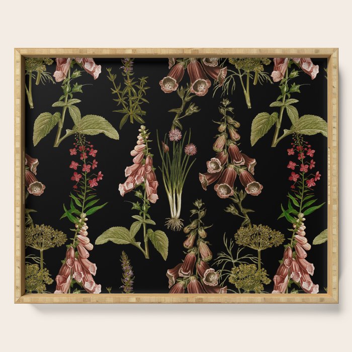 Vintage Botanical Springflowers And Herbs Midnight Garden Serving Tray Gallery Image 1