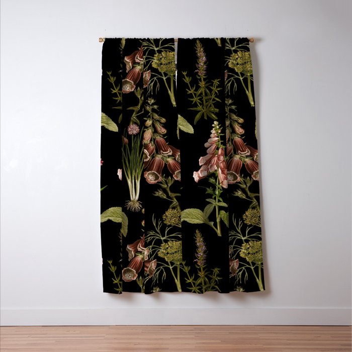 Vintage Botanical Springflowers And Herbs Midnight Garden Window Curtain Gallery Image 3