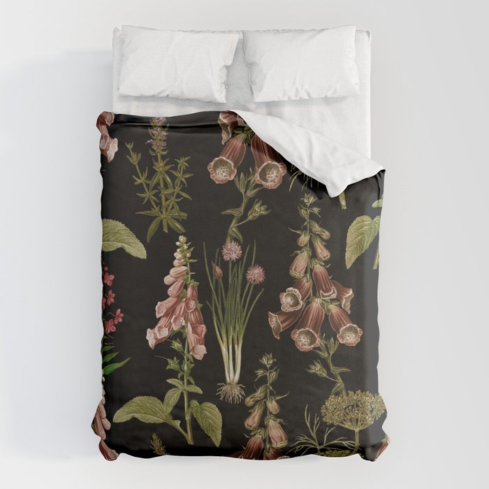 Vintage Botanical Springflowers And Herbs Midnight Garden Duvet Cover Gallery Image 1