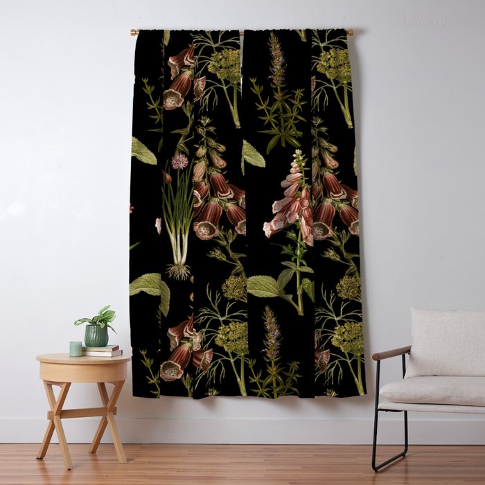 Vintage Botanical Springflowers And Herbs Midnight Garden Window Curtain Gallery Image 1