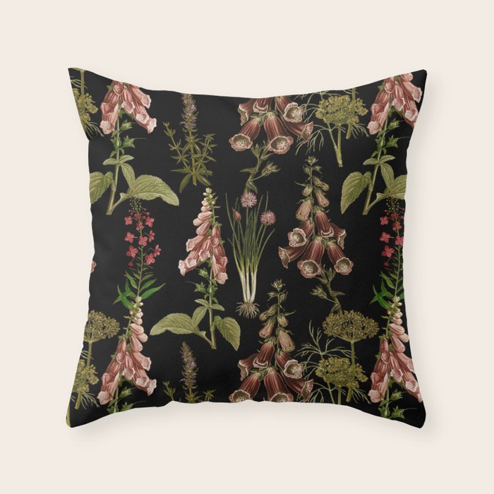 Vintage Botanical Springflowers And Herbs Midnight Garden Throw Pillow Gallery Image 6