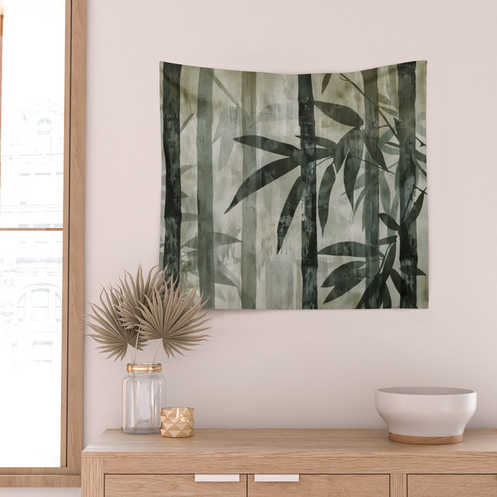 Stylized Bamboo Garden Watercolor Wall Tapestry Gallery Image 2