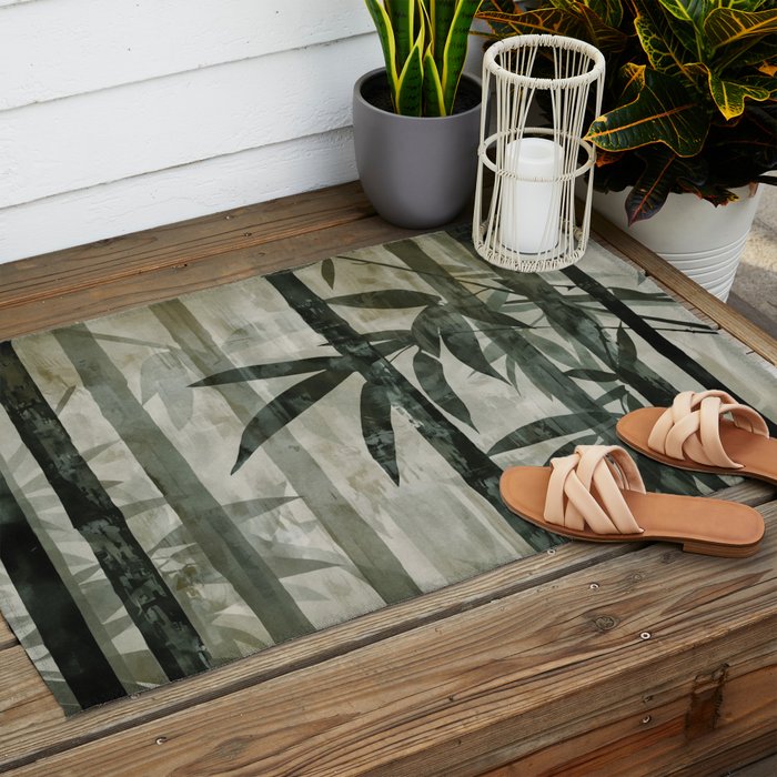 Stylized Bamboo Garden Watercolor Outdoor Rug Gallery Image 2