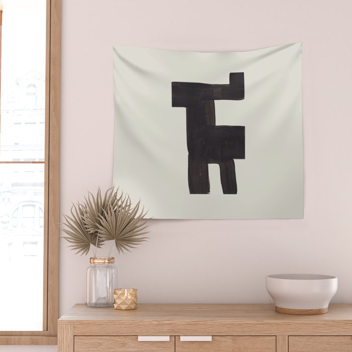 Black and White Minimalist Shapes Mid century Ink painting Wall Tapestry Gallery Image 2