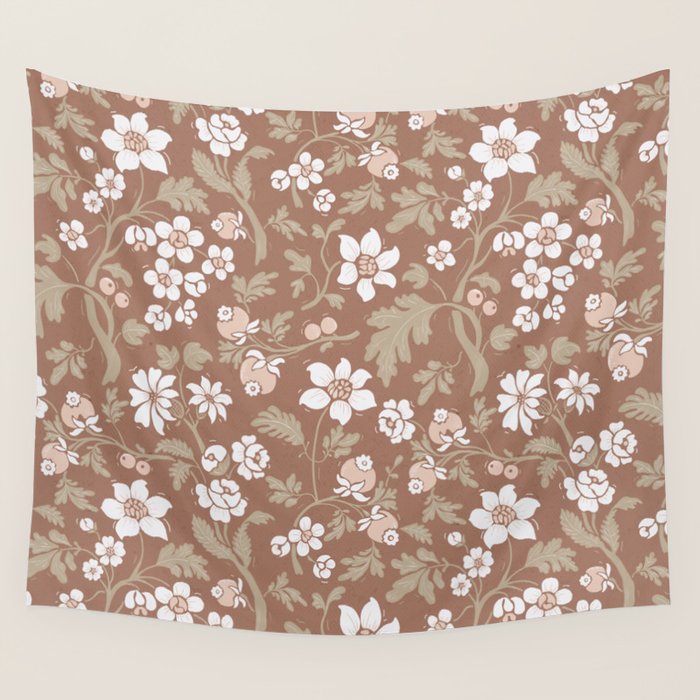 Floral Mocha Mousse Pattern Wall Tapestry Gallery Image 1
