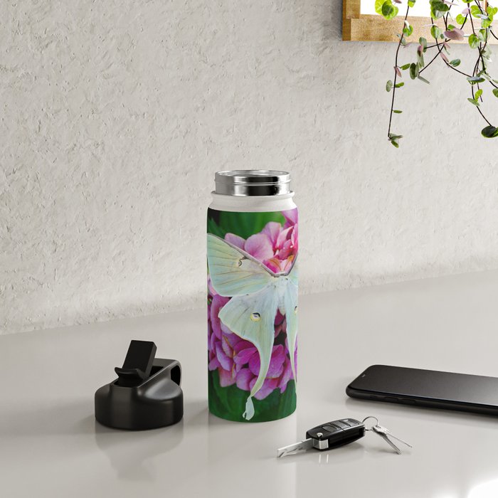 Luna Moth On Pink Hydrangea Nature Art Water Bottle Gallery Image 4