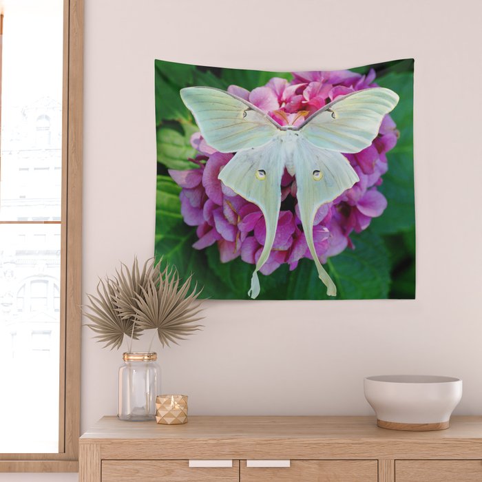 Luna Moth On Pink Hydrangea Nature Art Wall Tapestry Gallery Image 2