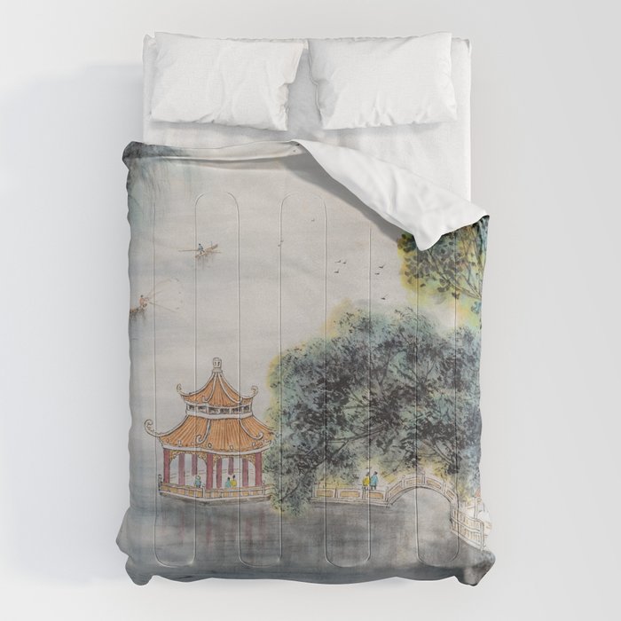 Japanese Misty Mountain Pagoda Temple Landscape Comforter Gallery Image 6