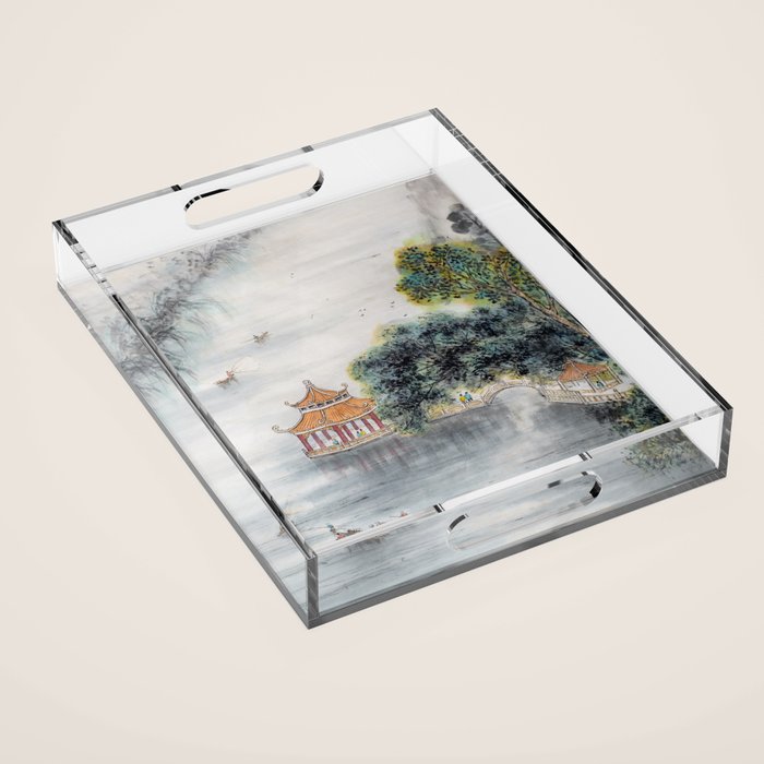 Japanese Misty Mountain Pagoda Temple Landscape Acrylic Tray Gallery Image 1