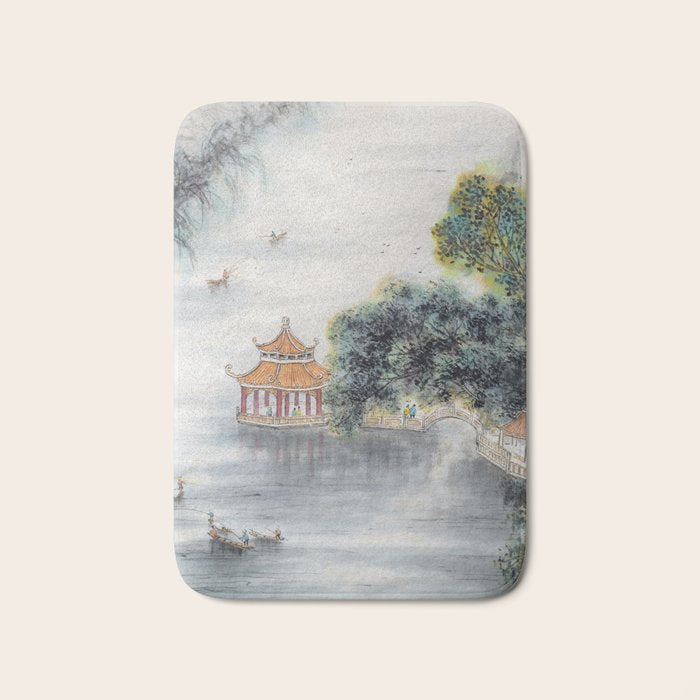 Japanese Misty Mountain Pagoda Temple Landscape Bath Mat Gallery Image 1