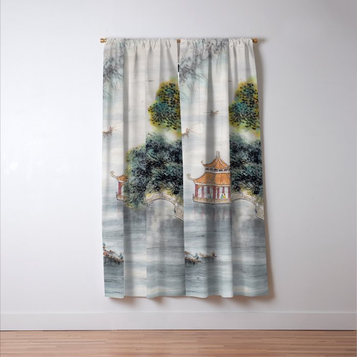 Japanese Misty Mountain Pagoda Temple Landscape Window Curtain Gallery Image 3