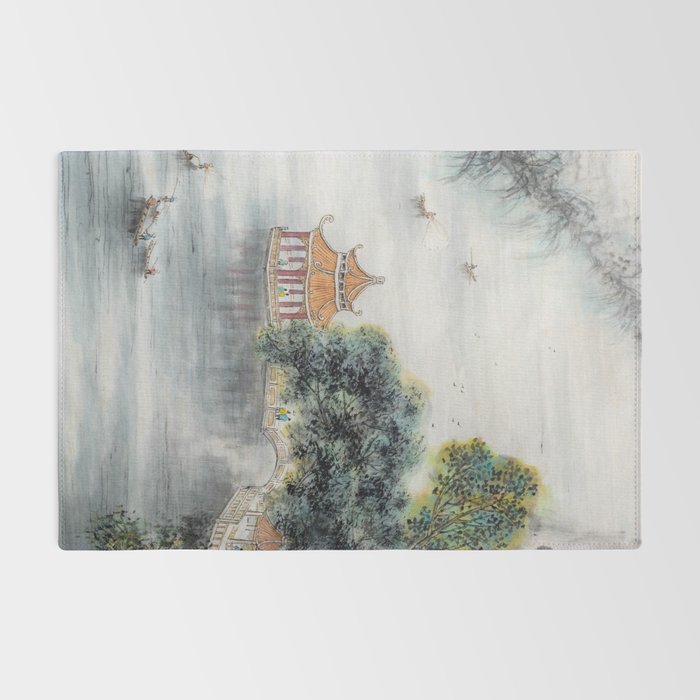 Japanese Misty Mountain Pagoda Temple Landscape Rug Gallery Image 2