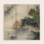 Japanese Misty Mountain Pagoda Temple Landscape Wood Wall Art Gallery Image 1