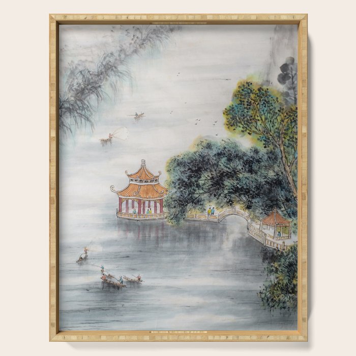 Japanese Misty Mountain Pagoda Temple Landscape Serving Tray Gallery Image 1