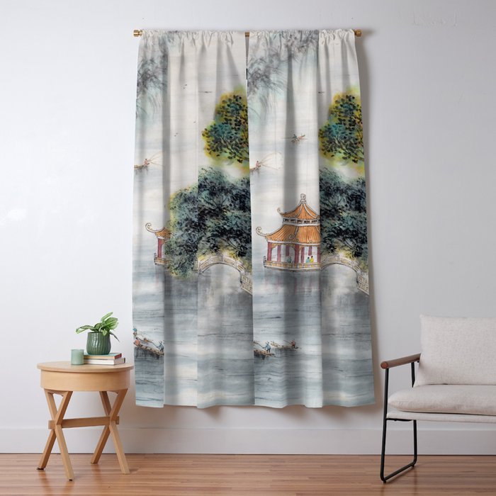 Japanese Misty Mountain Pagoda Temple Landscape Window Curtain Gallery Image 1