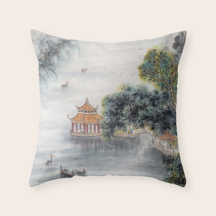 Japanese Misty Mountain Pagoda Temple Landscape Throw Pillow Gallery Image 6