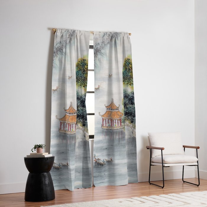 Japanese Misty Mountain Pagoda Temple Landscape Window Curtain Gallery Image 2