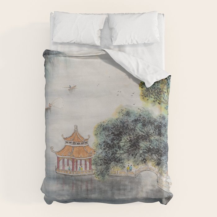 Japanese Misty Mountain Pagoda Temple Landscape Duvet Cover Gallery Image 1