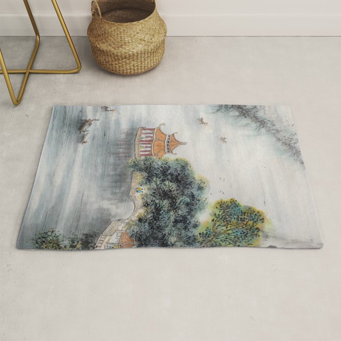 Japanese Misty Mountain Pagoda Temple Landscape Rug Gallery Image 1