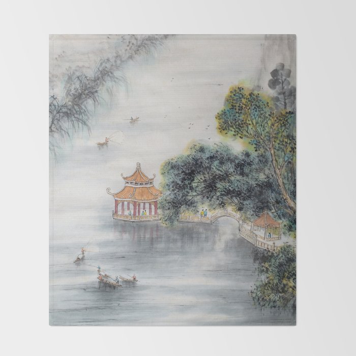 Japanese Misty Mountain Pagoda Temple Landscape Throw Blanket Gallery Image 2