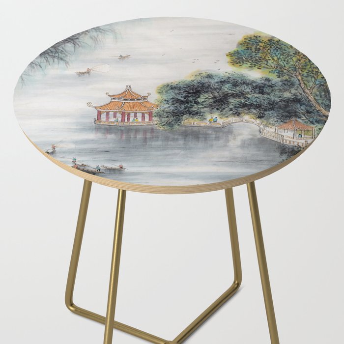 Japanese Misty Mountain Pagoda Temple Landscape Side Table Gallery Image 2