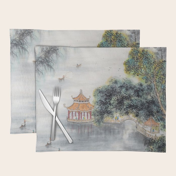 Japanese Misty Mountain Pagoda Temple Landscape Placemat Gallery Image 1