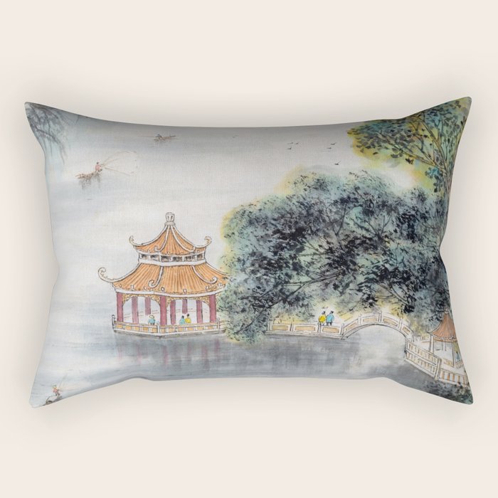 Japanese Misty Mountain Pagoda Temple Landscape Rectangular Pillow Gallery Image 2