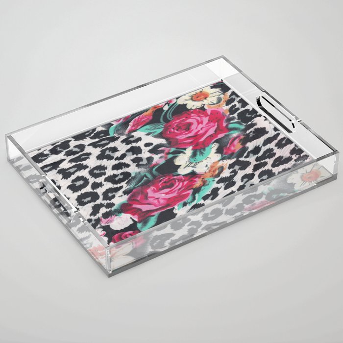 Vintage black white pink floral cheetah animal print Acrylic Tray Gallery Image 1