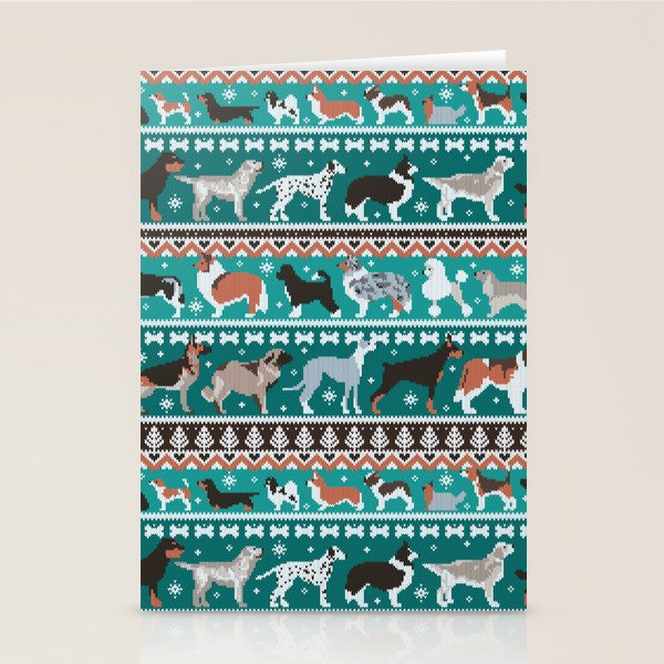 Fluffy and bright fair isle knitting doggie friends // pine and java green background brown orange white and grey dog breeds  Stationery Card Gallery Image 2