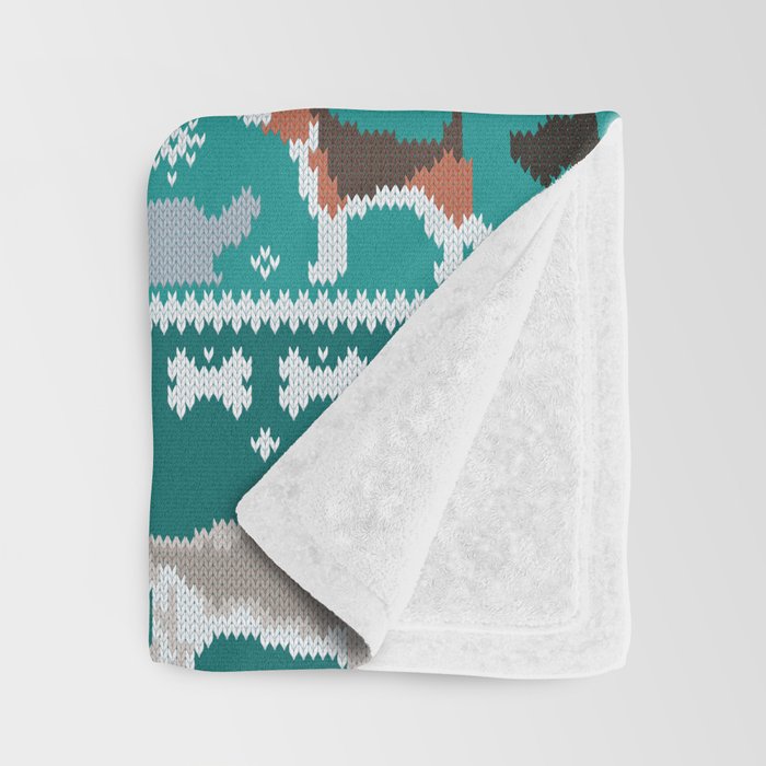 Fluffy and bright fair isle knitting doggie friends // pine and java green background brown orange white and grey dog breeds  Throw Blanket Gallery Image 3