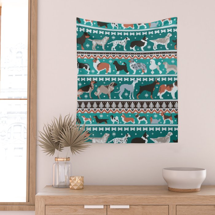 Fluffy and bright fair isle knitting doggie friends // pine and java green background brown orange white and grey dog breeds  Wall Tapestry Gallery Image 2